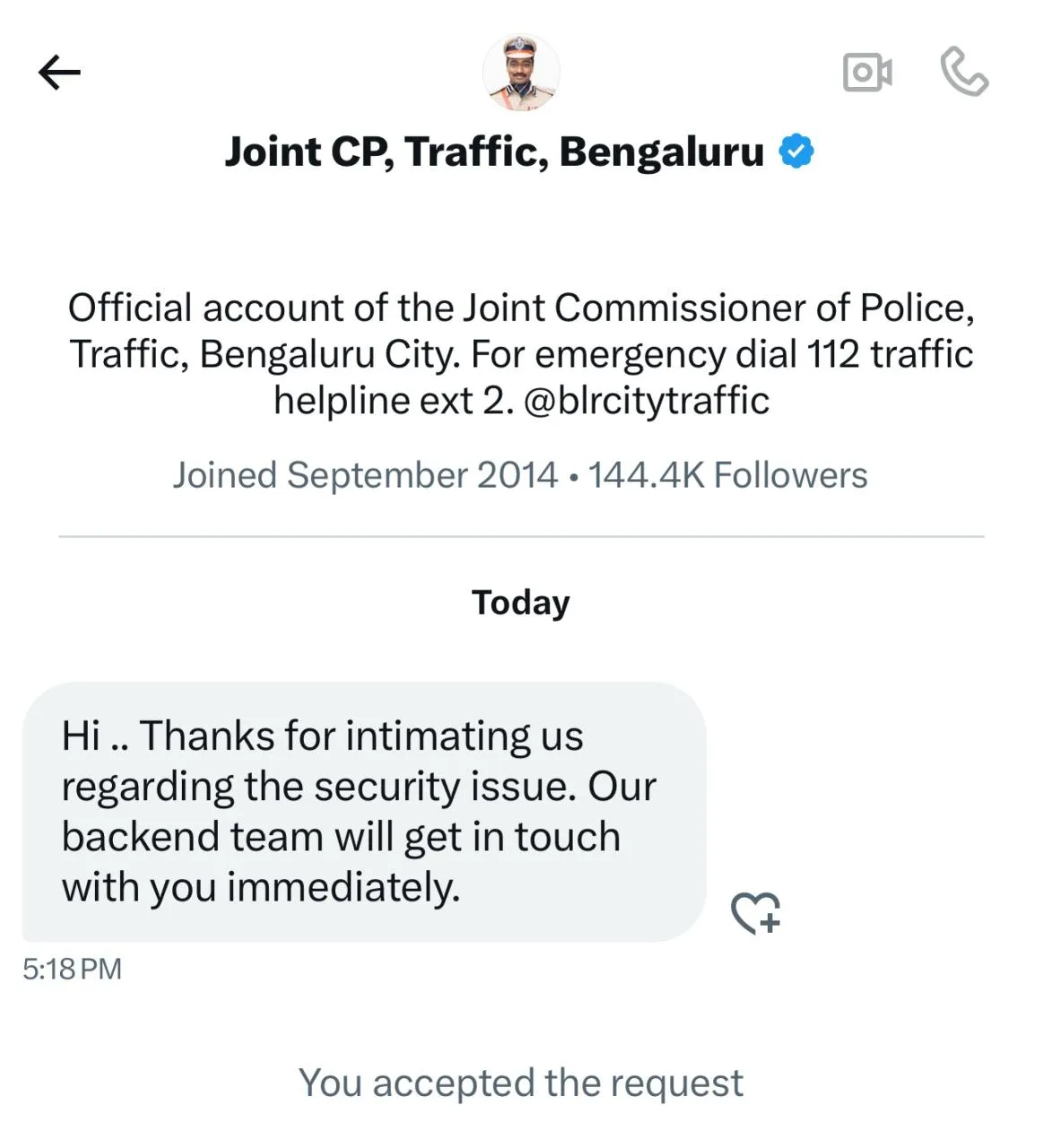 DM from Joint CP Traffic Bangalore